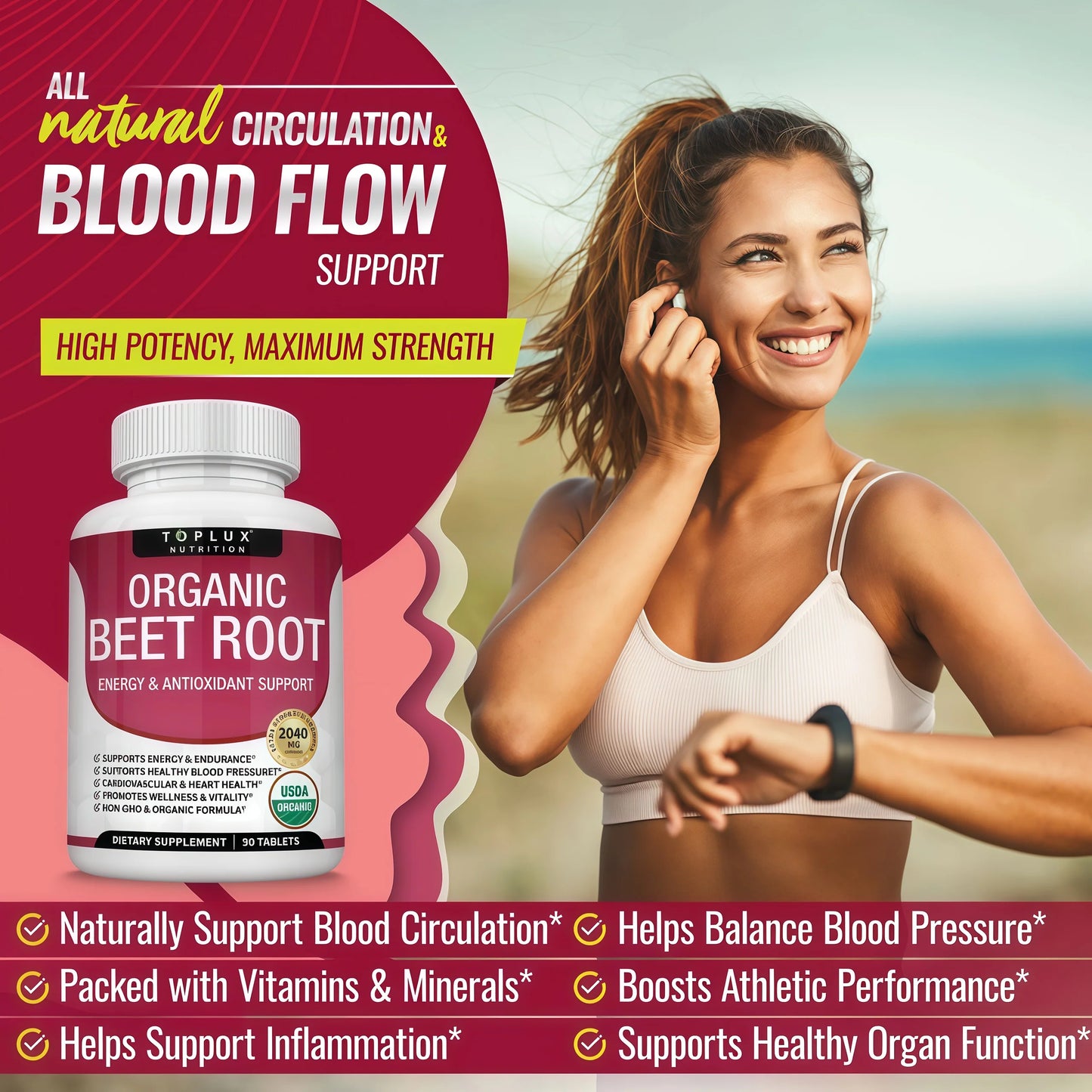 Organic Beet Root Powder Tablets - 2040mg Natural Nitric Oxide Beets to Support, Energy, Black Pepper Better Absorption, Non-GMO, for Men Women, 90 Tablets