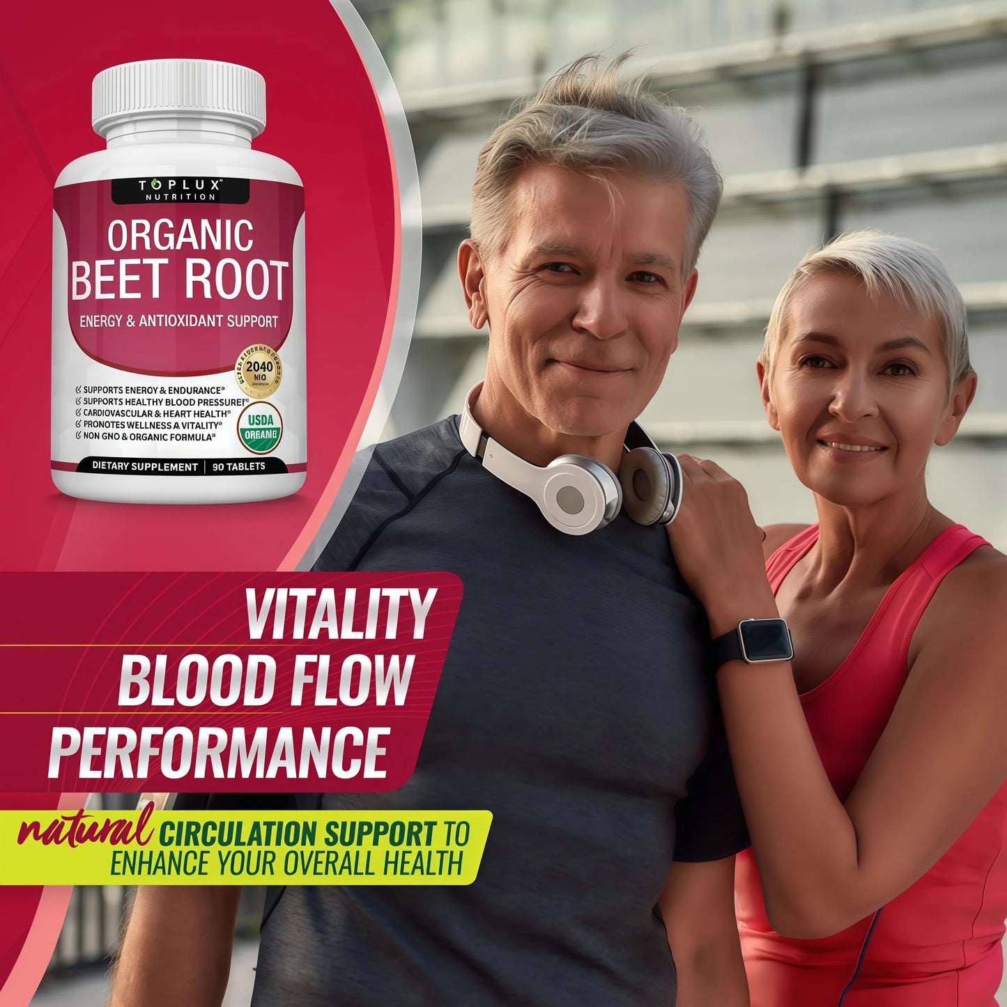 Organic Beet Root Powder Tablets - 2040mg Natural Nitric Oxide Beets to Support, Energy, Black Pepper Better Absorption, Non-GMO, for Men Women, 90 Tablets