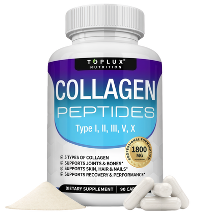 Toplux Multi Collagen Peptides Pills 1800 Mg Complex - Type I, II, III, V, X Premium Collagen Complex for Better Skin & Hair, Strong Joint, Hydrolyzed Protein, for Men Women, 90 Capsules, Supplement