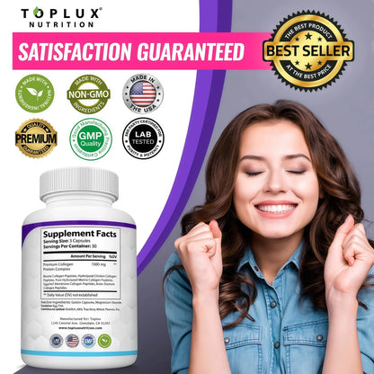 Toplux Multi Collagen Peptides Pills 1800 Mg Complex - Type I, II, III, V, X Premium Collagen Complex for Better Skin & Hair, Strong Joint, Hydrolyzed Protein, for Men Women, 90 Capsules, Supplement