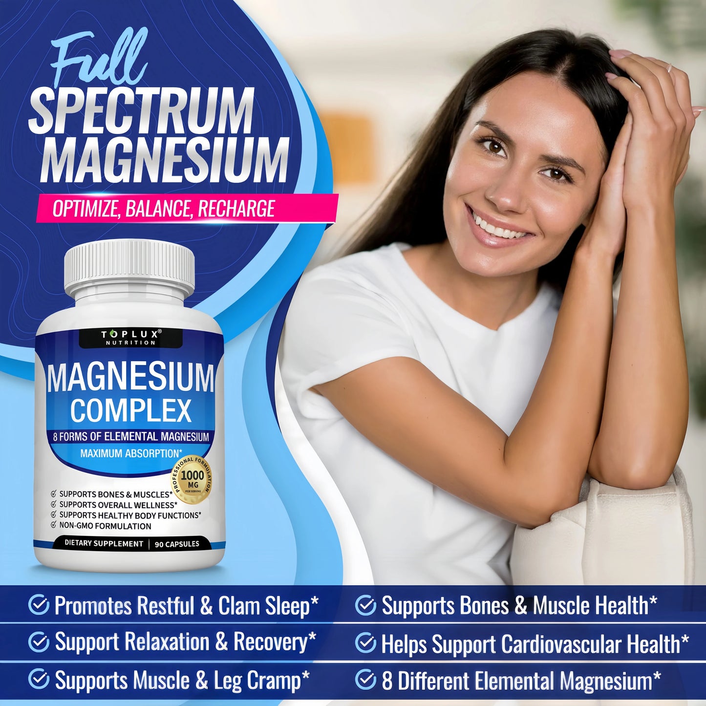 Magnesium Complex Supplement 8 Elemental 1000mg - Magnesium Glycinate, Citrate, Malate, Taurate, Chelated for Easy Absorption for Bones, Muscle, Recovery, Energy, Vegan Non-GMO 90 Capsules