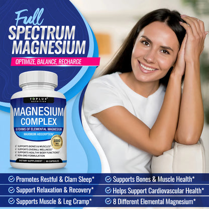 Magnesium Complex Supplement 8 Elemental 1000mg - Magnesium Glycinate, Citrate, Malate, Taurate, Chelated for Easy Absorption for Bones, Muscle, Recovery, Energy, Vegan Non-GMO 90 Capsules