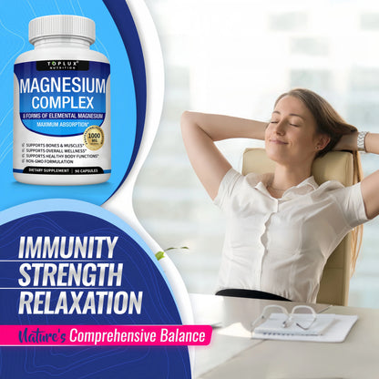 Magnesium Complex Supplement 8 Elemental 1000mg - Magnesium Glycinate, Citrate, Malate, Taurate, Chelated for Easy Absorption for Bones, Muscle, Recovery, Energy, Vegan Non-GMO 90 Capsules