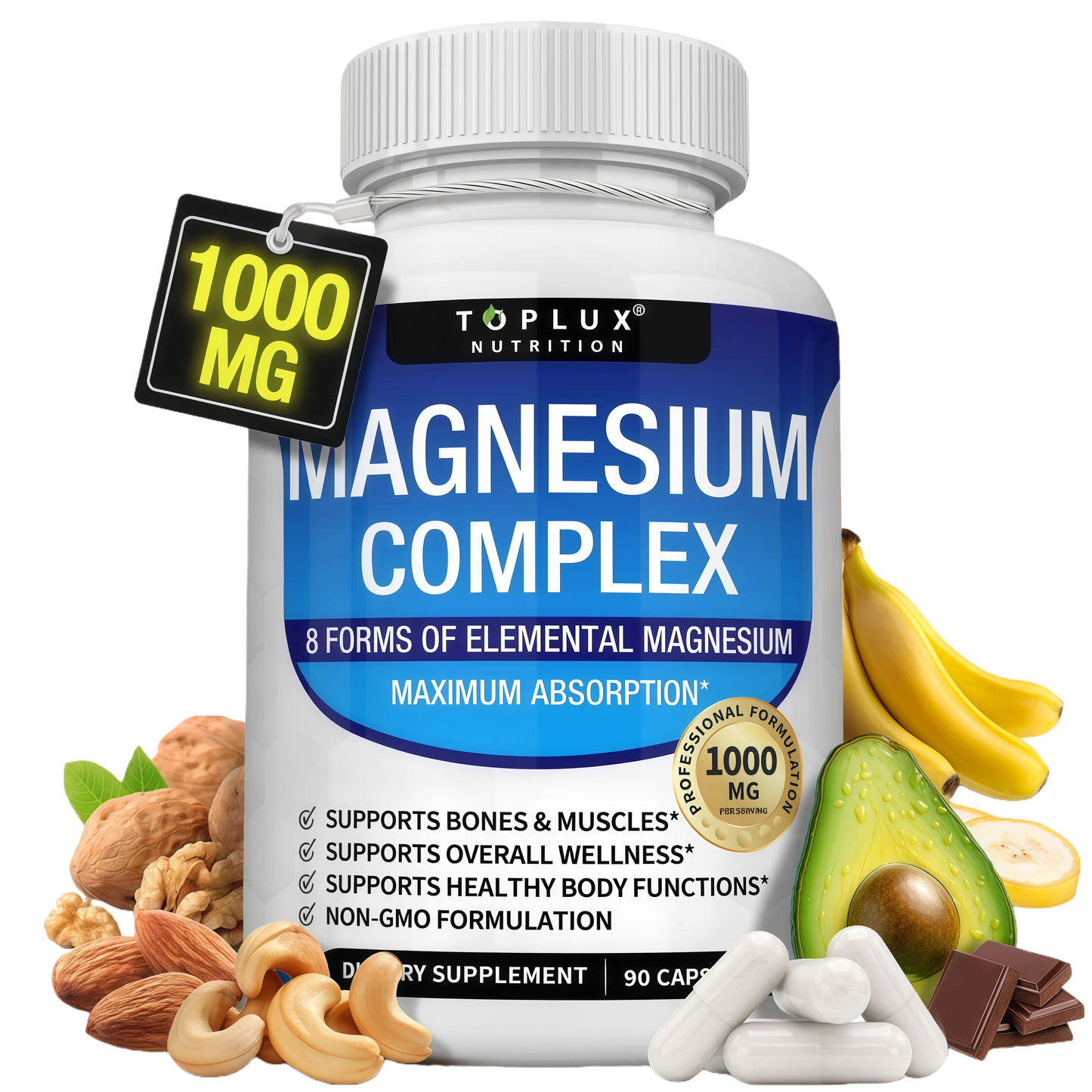 Magnesium Complex Supplement 8 Elemental 1000mg - Magnesium Glycinate, Citrate, Malate, Taurate, Chelated for Easy Absorption for Bones, Muscle, Recovery, Energy, Vegan Non-GMO 90 Capsules